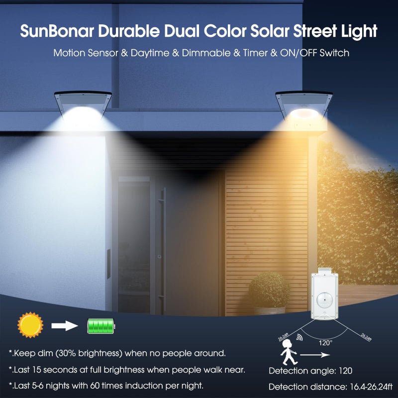 SunBonar Solar Street Lights Outdoor Motion Sensor, Dimmable & Cool White(6000K) & Warm White(3000K) & Timer, Dusk to Dawn Aluminum Solar Flood Light with Remote for Driveway Path Garden Parking Lot - Image 4